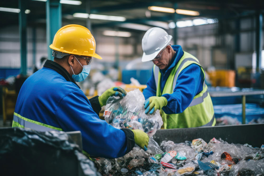Workers sorting waste materials for the best grease trap service in Qatar